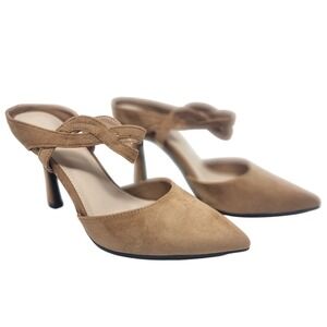 Tan Faux Suede Pointed Toe Mules with Twisted Strap Detail Heels Womens 6 NEW